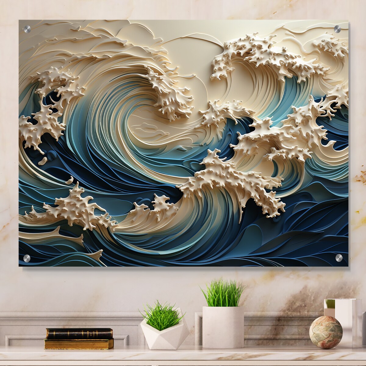 Designart White And Blue Wave Papercut Style III Coastal Waves Gloss Wall Decor - Coastal Acrylic Wall Art For Bedroom