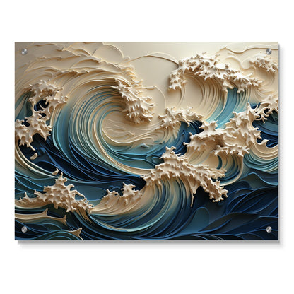 Designart White And Blue Wave Papercut Style III Coastal Waves Gloss Wall Decor - Coastal Acrylic Wall Art For Bedroom