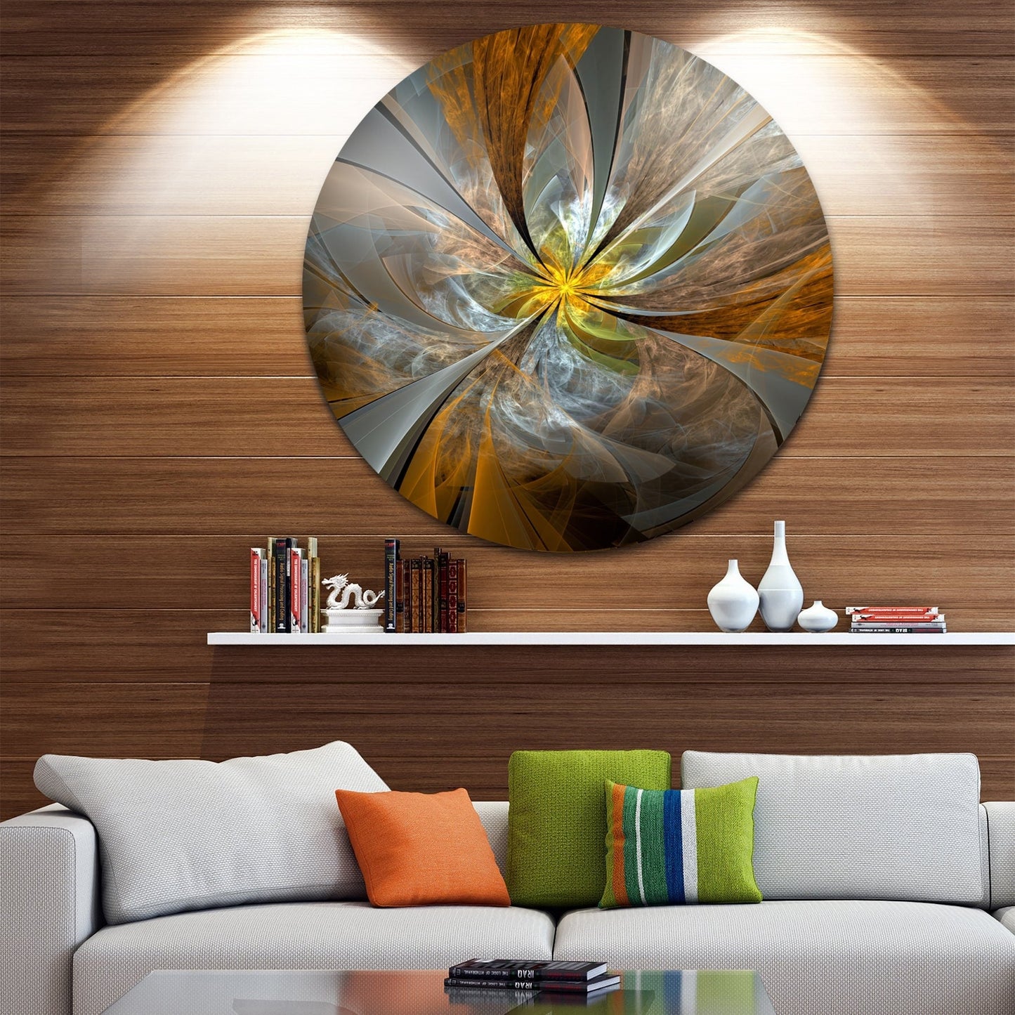 Designart 'Symmetrical Yellow Fractal Flower' Digital Art Circle Metal Artwork