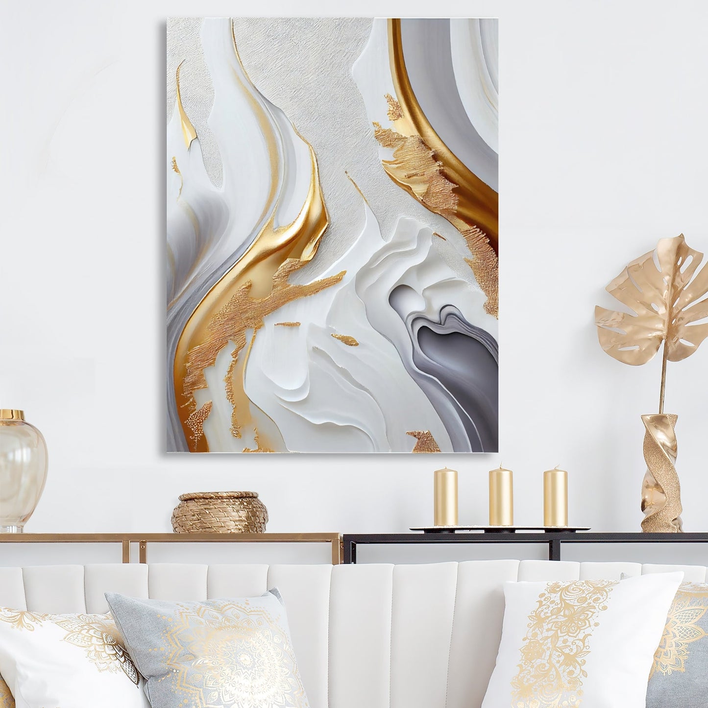 Designart 'White And Gold Marble Abstract I' Modern Canvas Wall Art