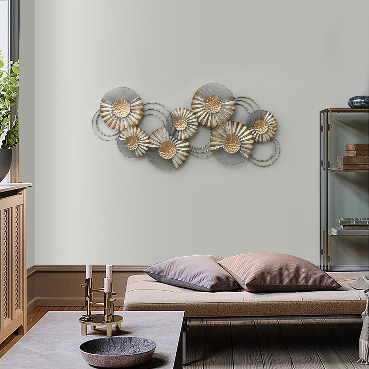 Distressed Grey and Gold Metal Modern Flower Wall Decor