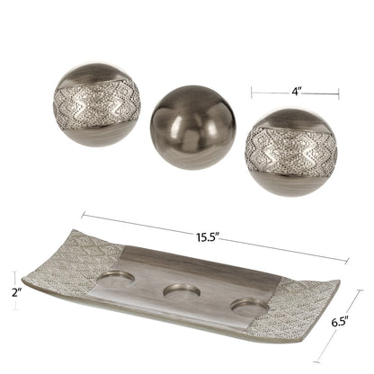 Creative Scents Dublin Brushed Silver Decorative Tray and Orbs/Balls (Set of 3)