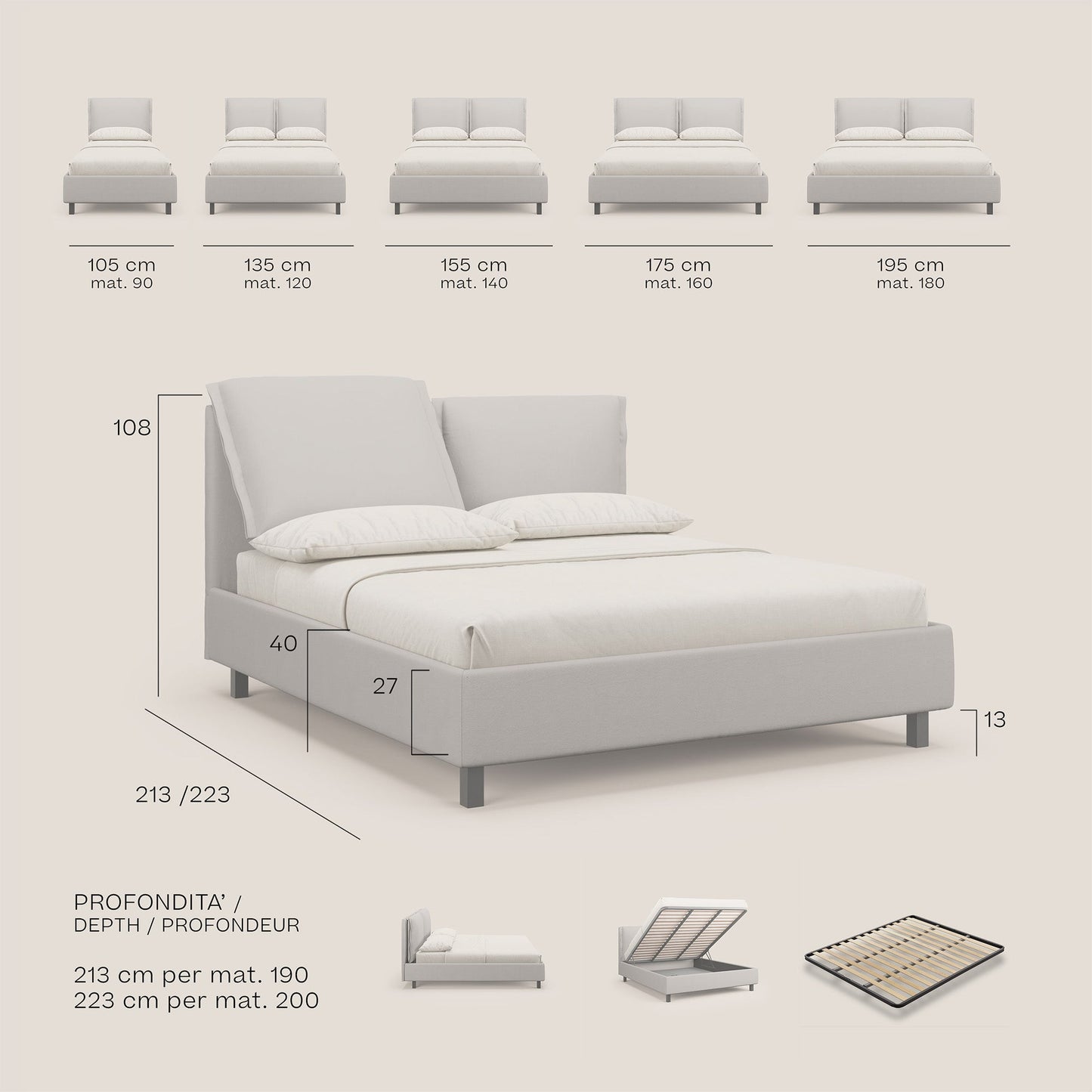 Emma letto contenitore con cuscini mobili in microfibra smacchiabile T11 marrone 