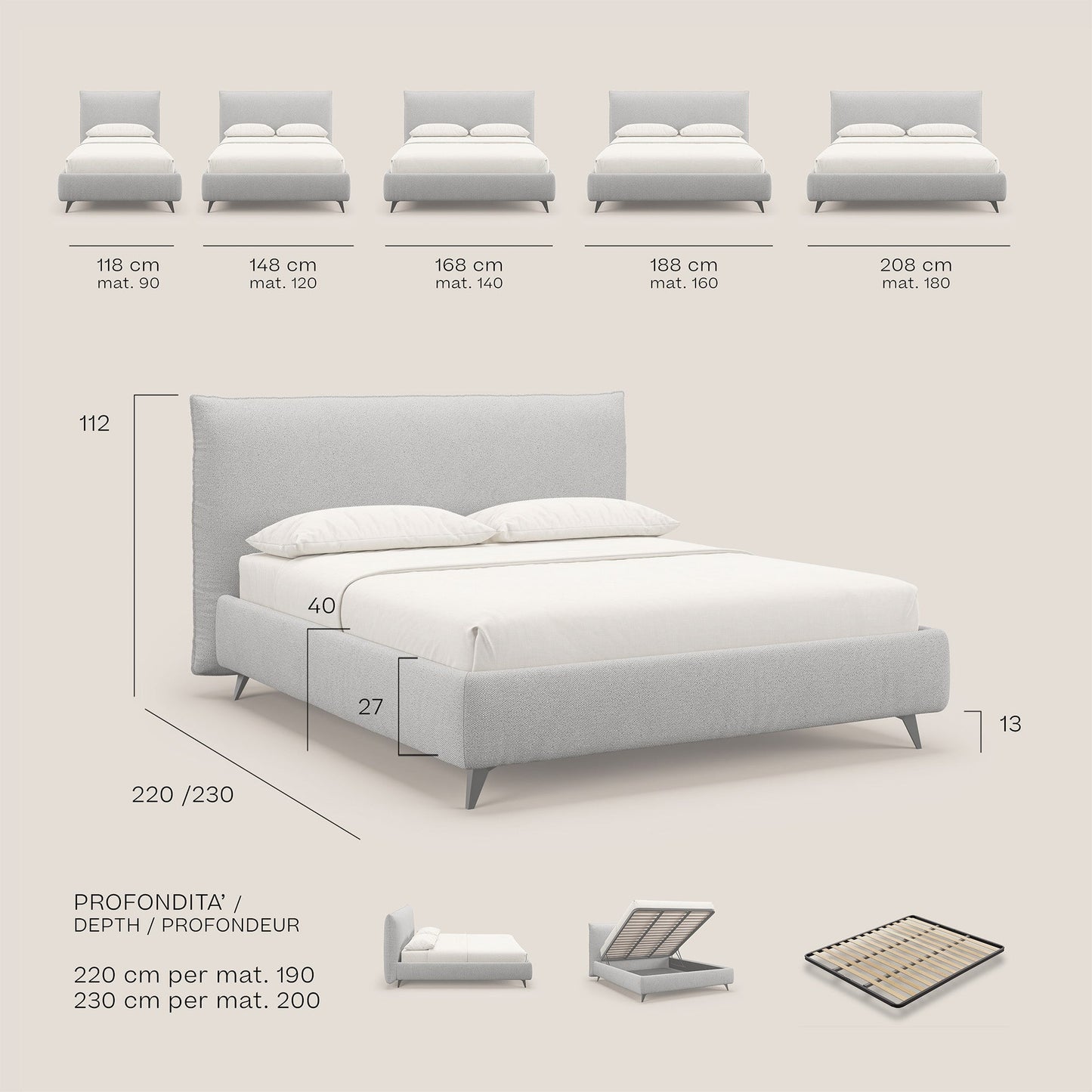 EROS letto imbottito in piuma con vano contenitore in pregiato e fresco bouclet smacchiabile T16 blu 