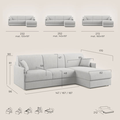 Evans Divano letto angolare con penisola in morbido tessuto impermeabile T02 grigio chiaro