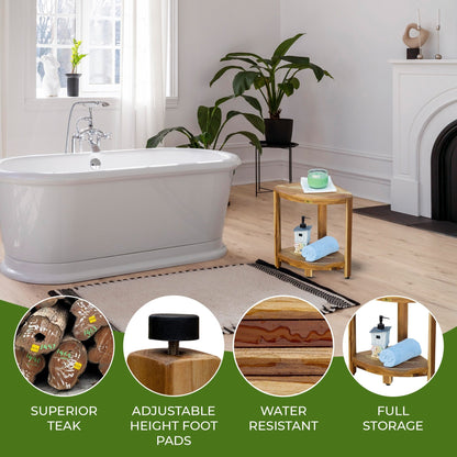EcoDecors, Corner Teak Wood Shelf, Shower Shaving Footrest, Teak Stool For Inside Shower, 18-Inches