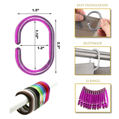 Evideco Shower Curtain Rings Plastic Hooks (Set of 12)