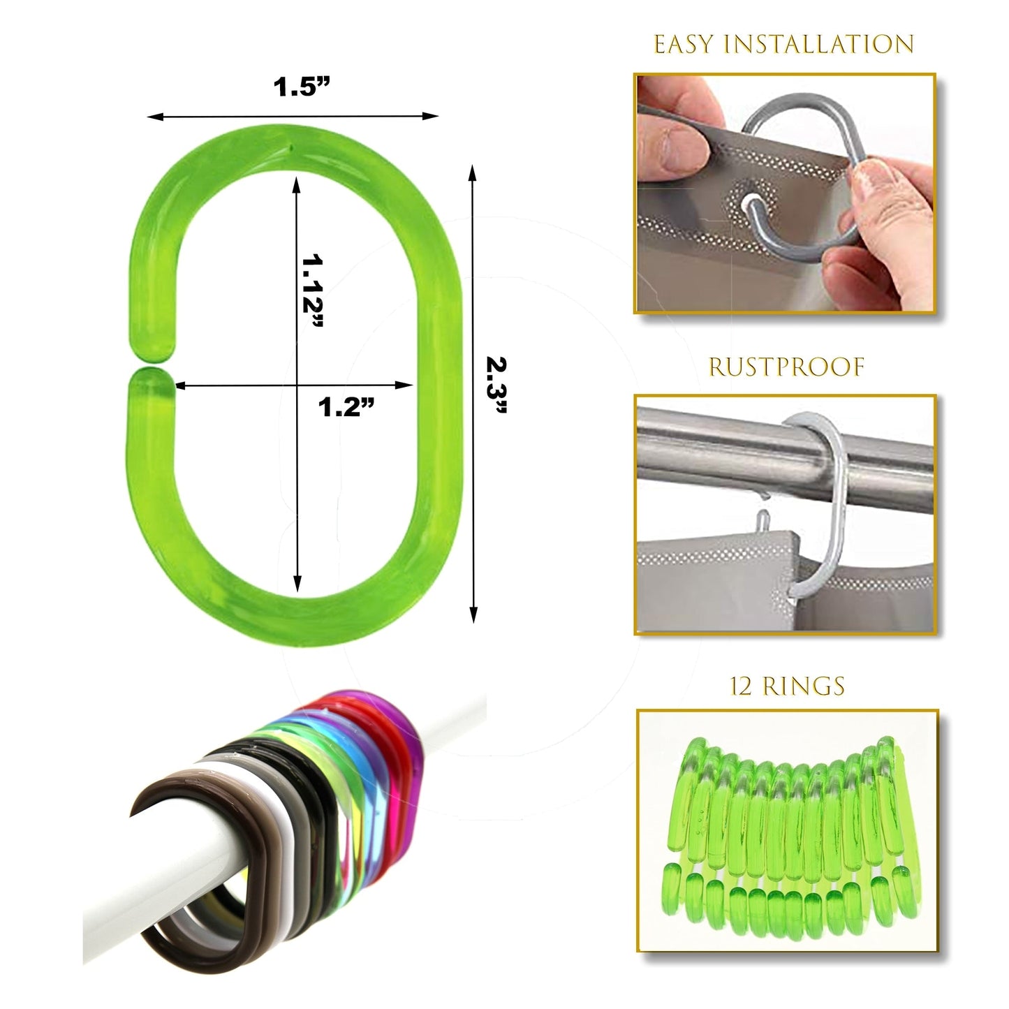Evideco Shower Curtain Rings Plastic Hooks (Set of 12)