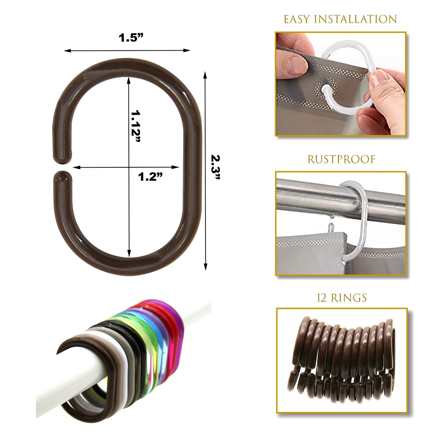 Evideco Shower Curtain Rings Plastic Hooks (Set of 12)