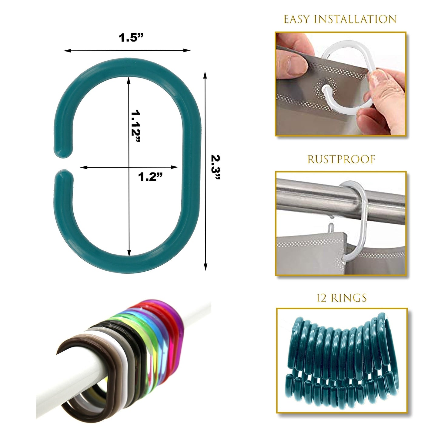 Evideco Shower Curtain Rings Plastic Hooks (Set of 12)