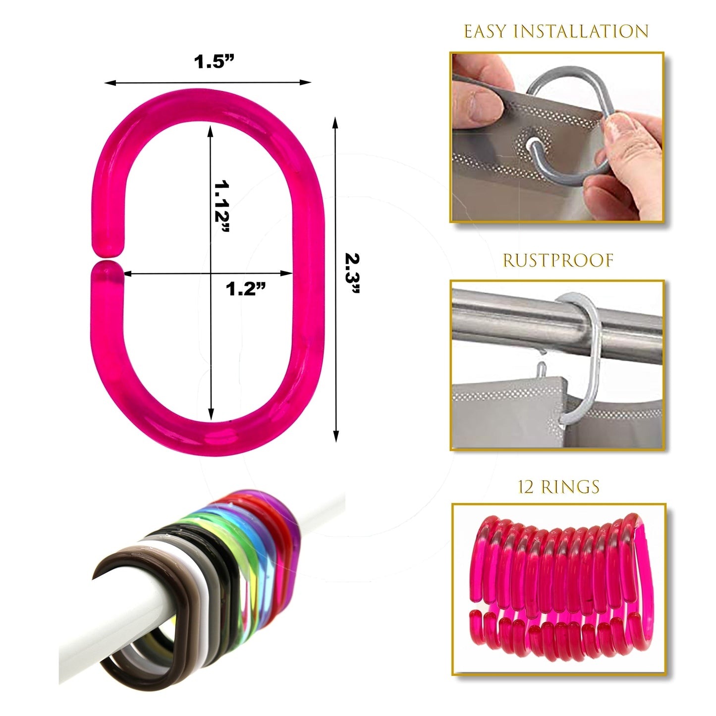 Evideco Shower Curtain Rings Plastic Hooks (Set of 12)