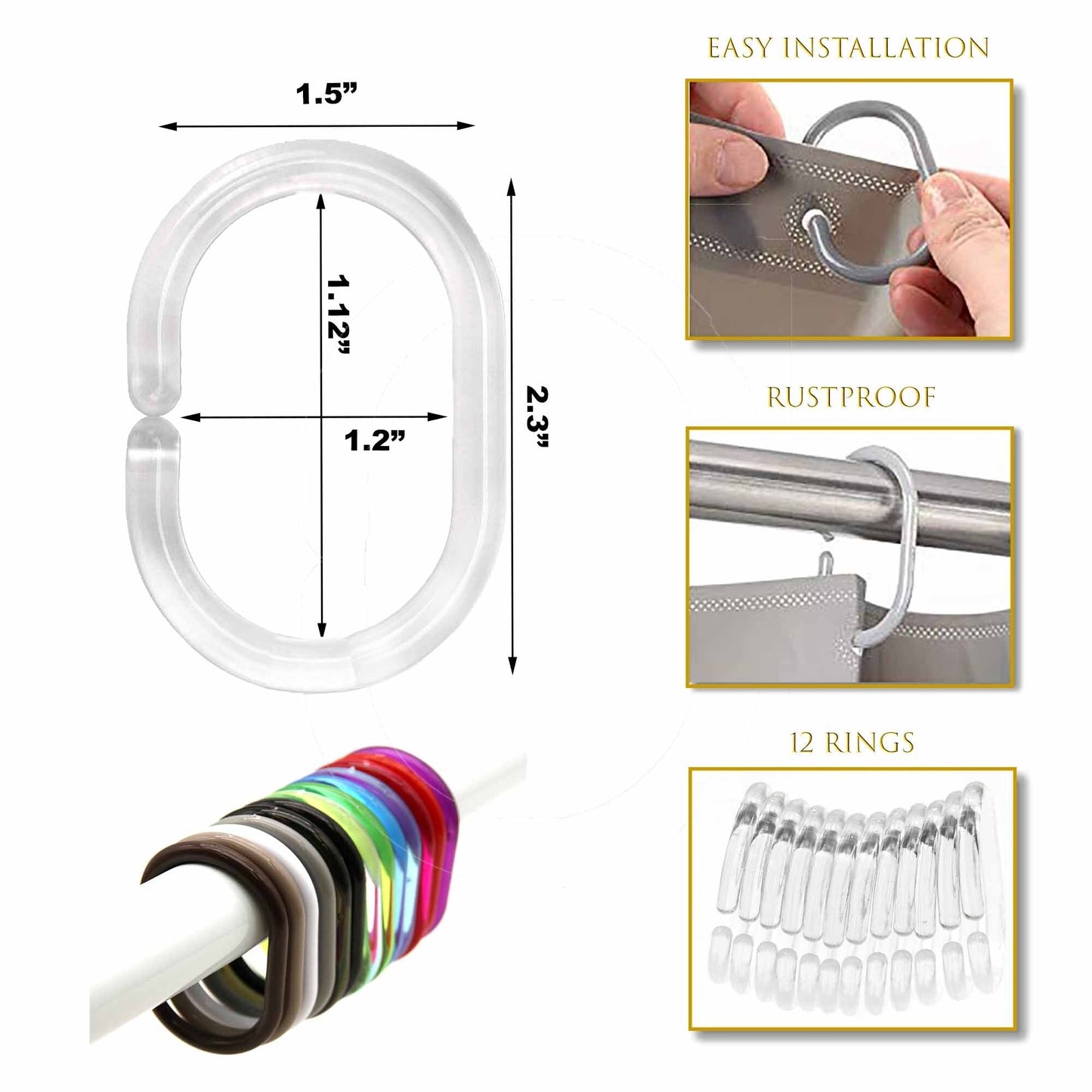 Evideco Shower Curtain Rings Plastic Hooks (Set of 12)