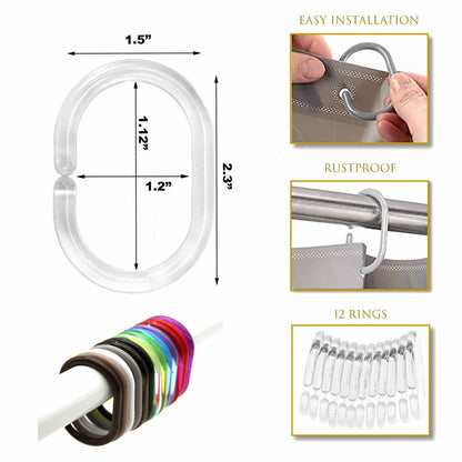 Evideco Shower Curtain Rings Plastic Hooks (Set of 12)