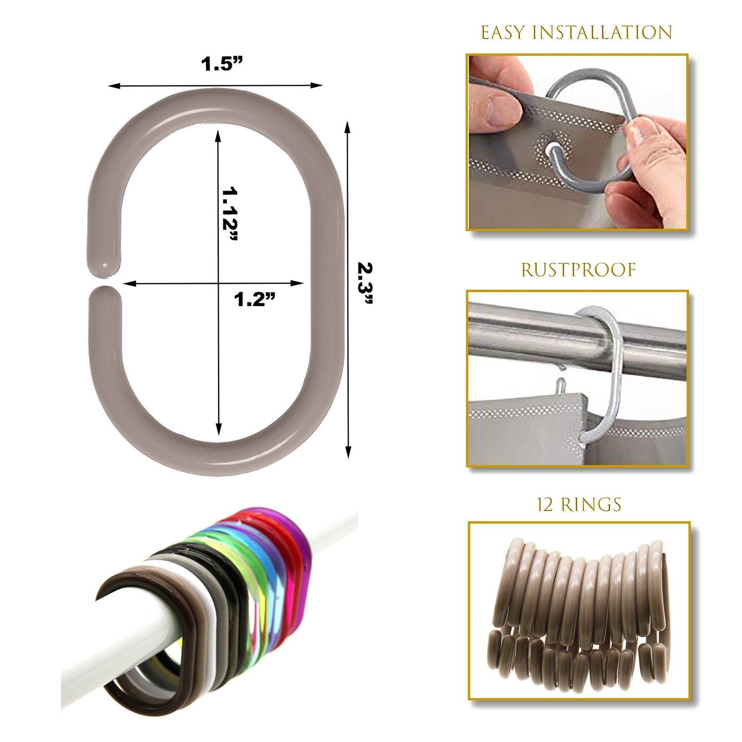 Evideco Shower Curtain Rings Plastic Hooks (Set of 12)