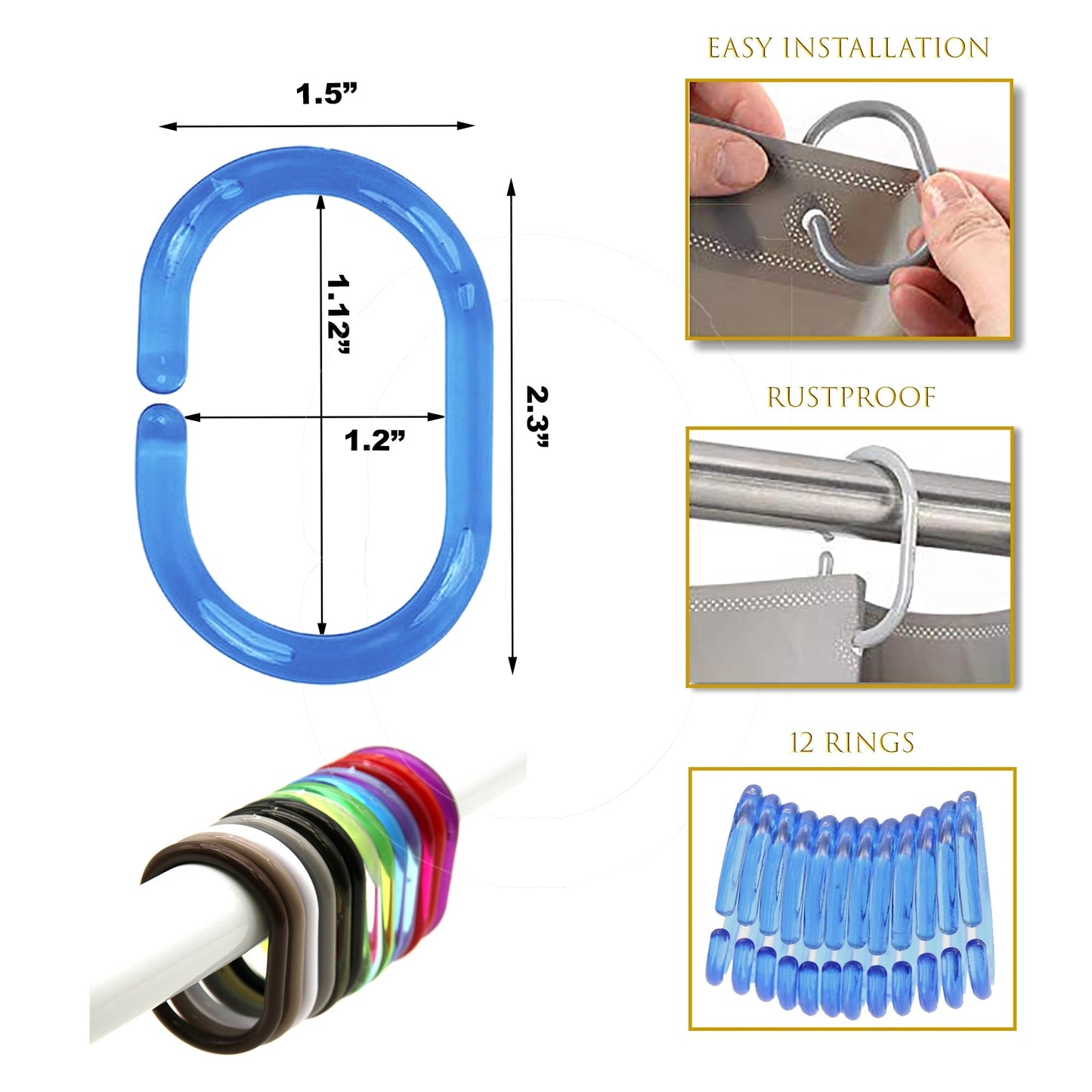 Evideco Shower Curtain Rings Plastic Hooks (Set of 12)