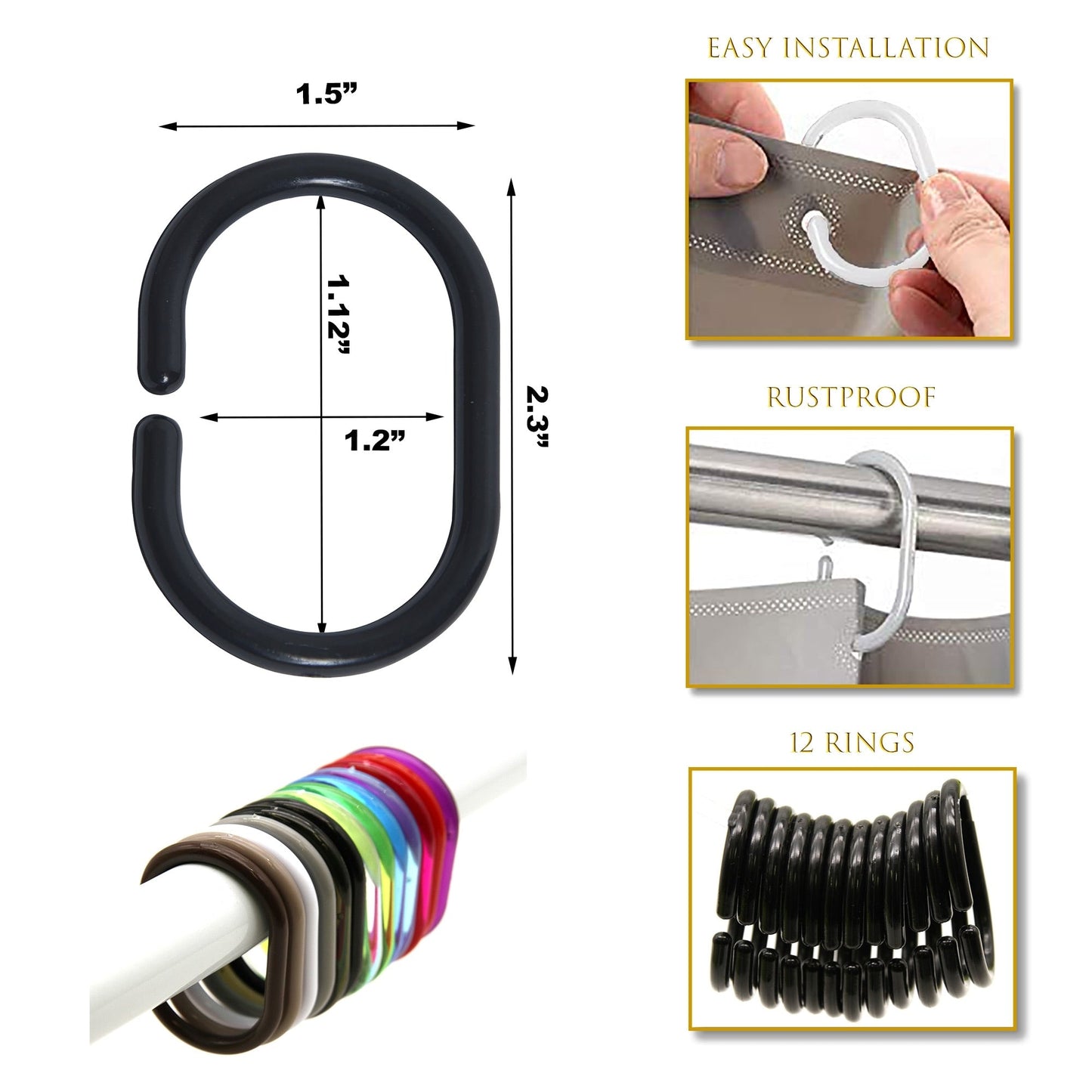 Evideco Shower Curtain Rings Plastic Hooks (Set of 12)