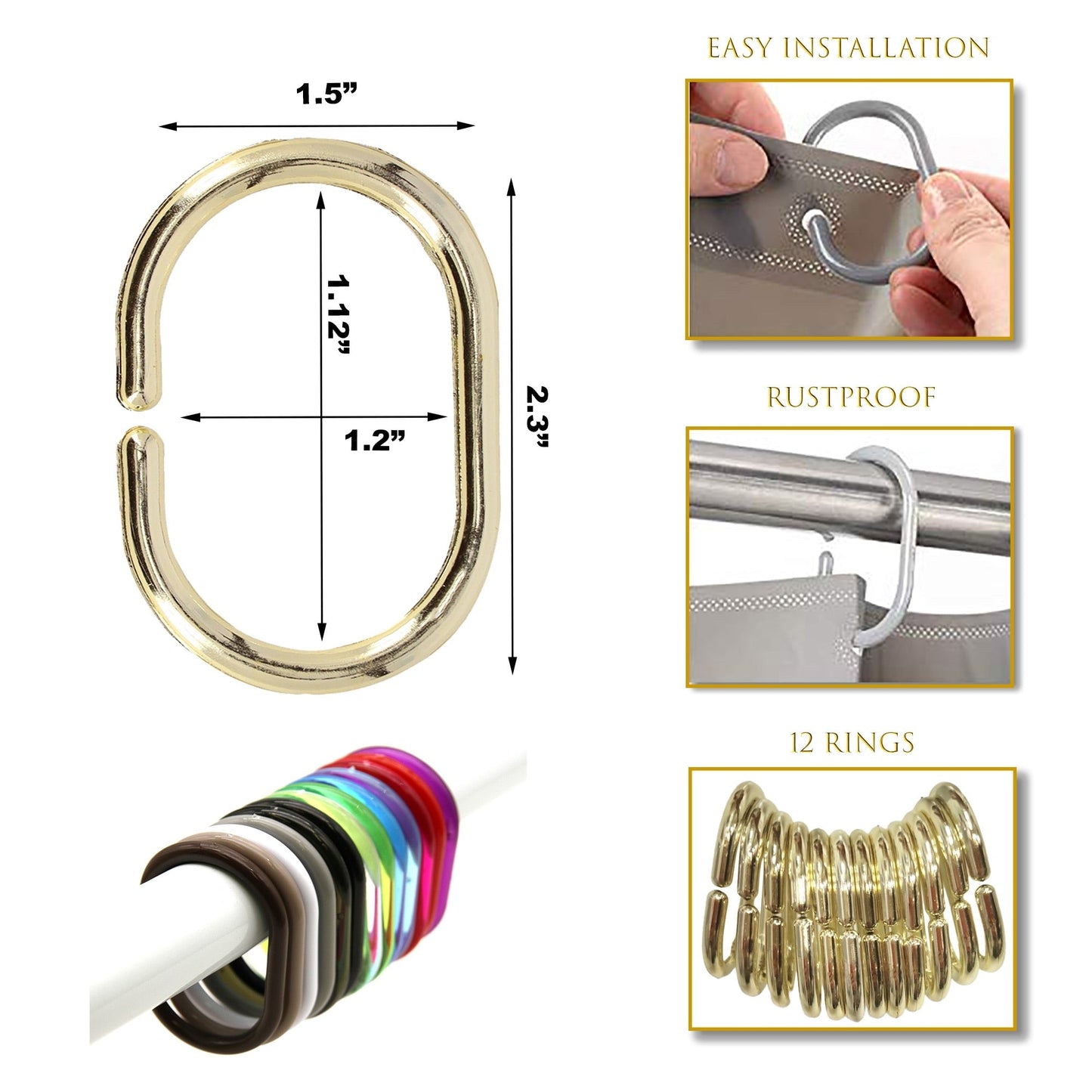 Evideco Shower Curtain Rings Plastic Hooks (Set of 12)