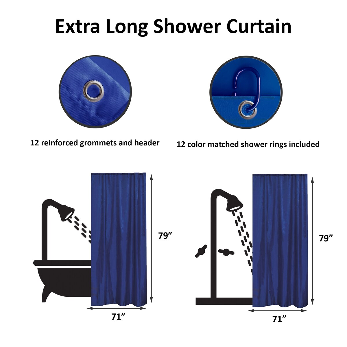 Extra Long Shower Curtain Polyester 12 Rings 79L x 71W