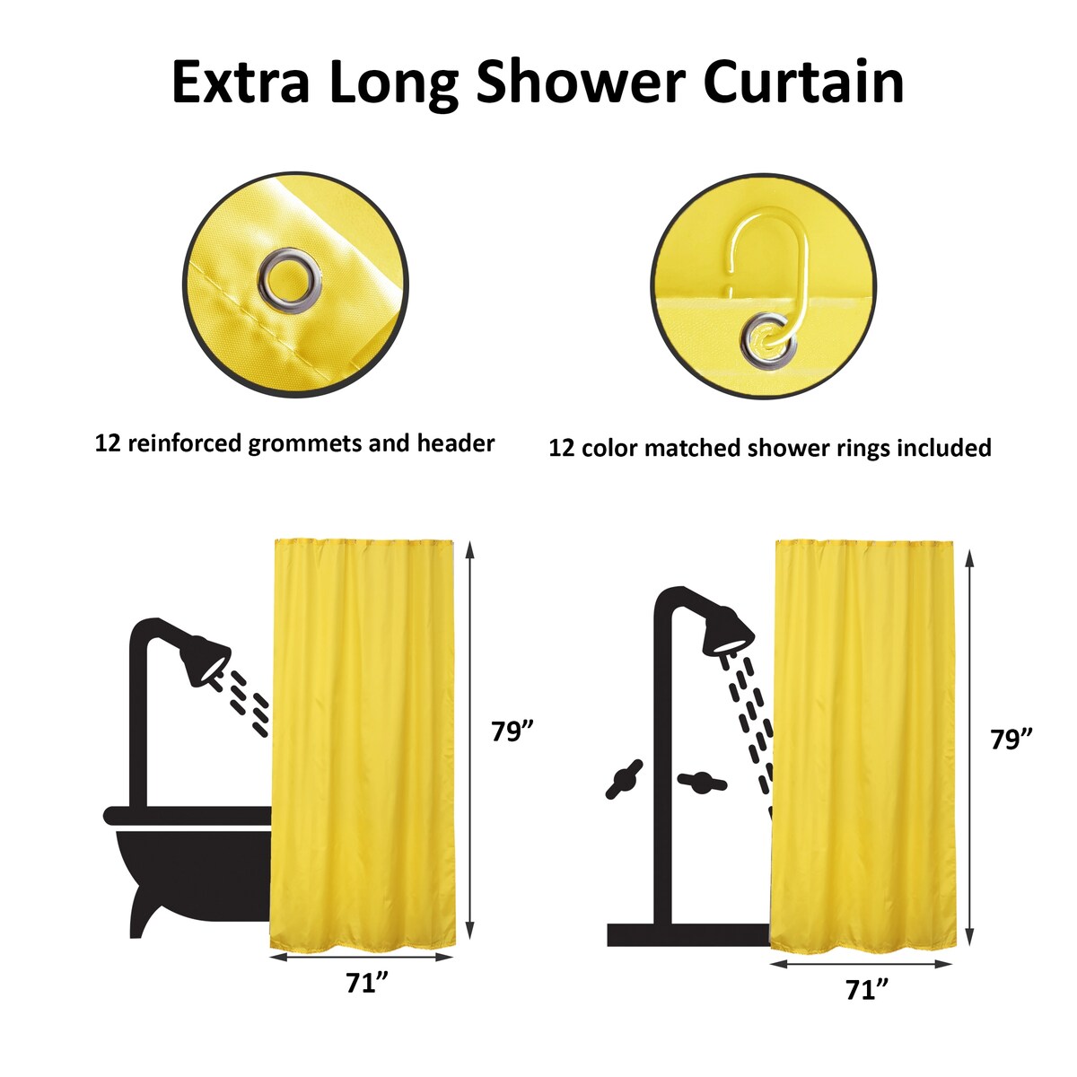Extra Long Shower Curtain Polyester 12 Rings 79L x 71W