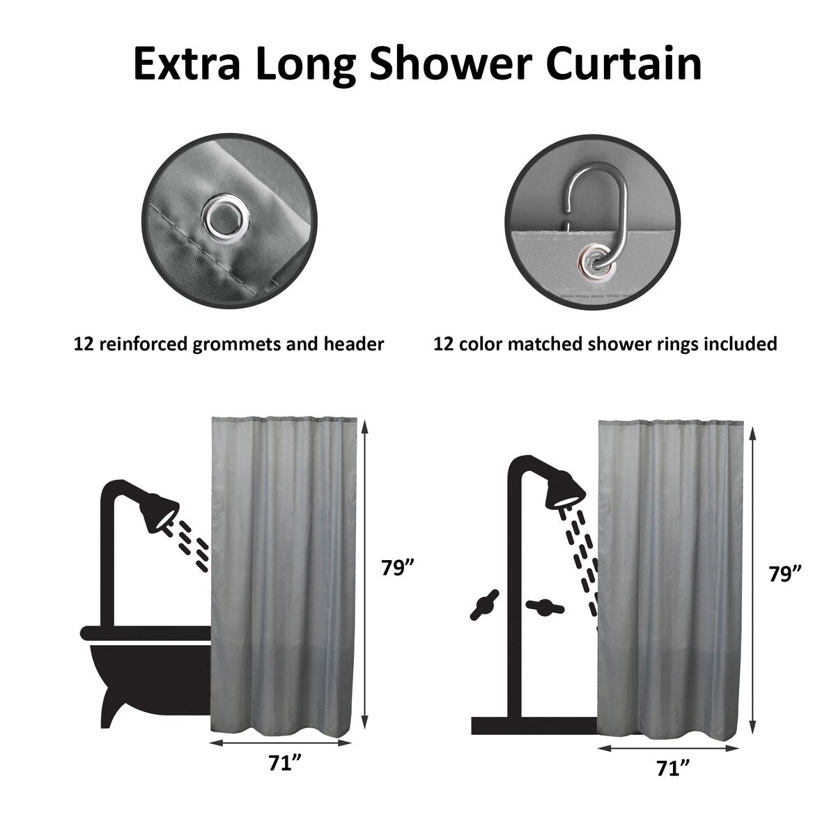Extra Long Shower Curtain Polyester 12 Rings 79L x 71W