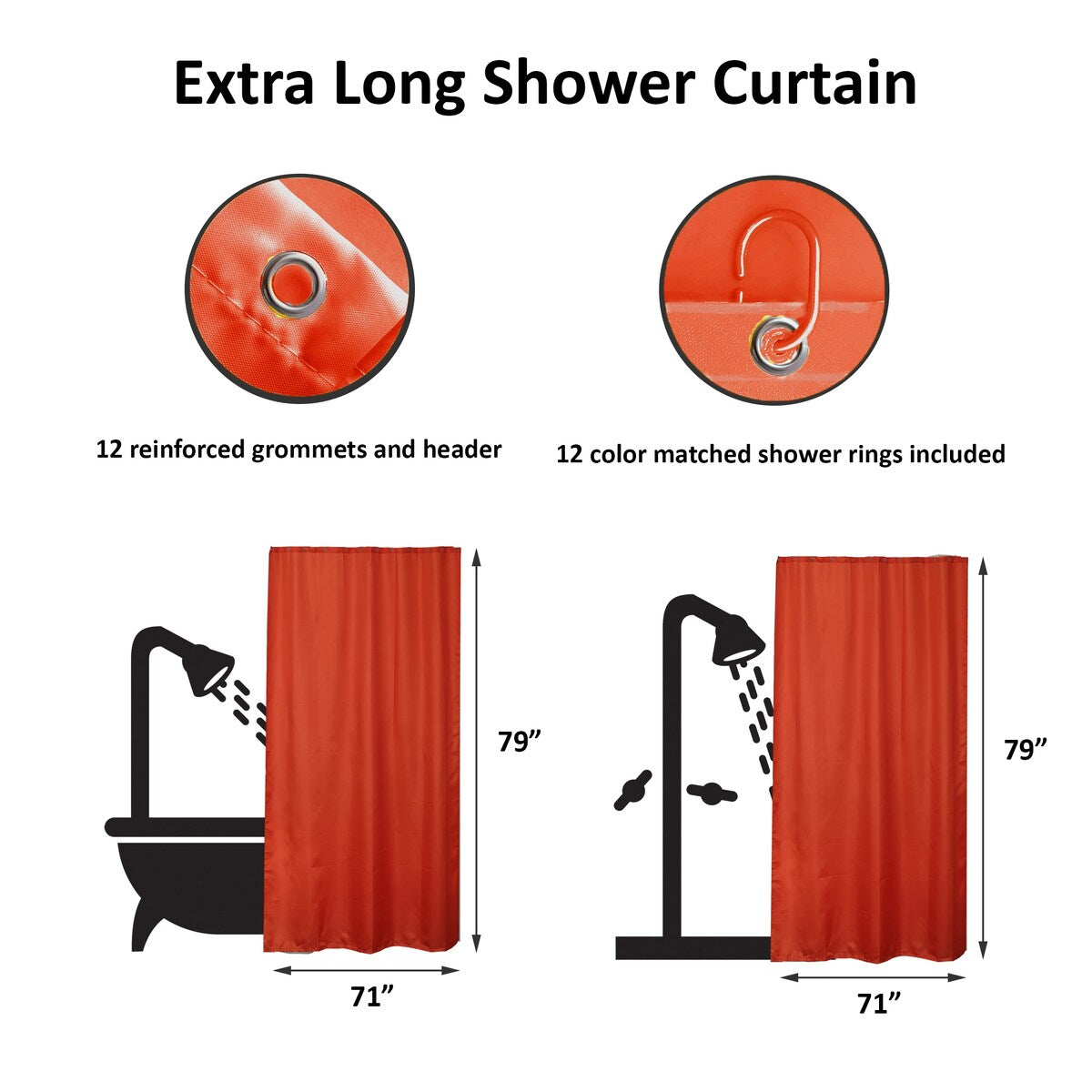 Extra Long Shower Curtain Polyester 12 Rings 79L x 71W