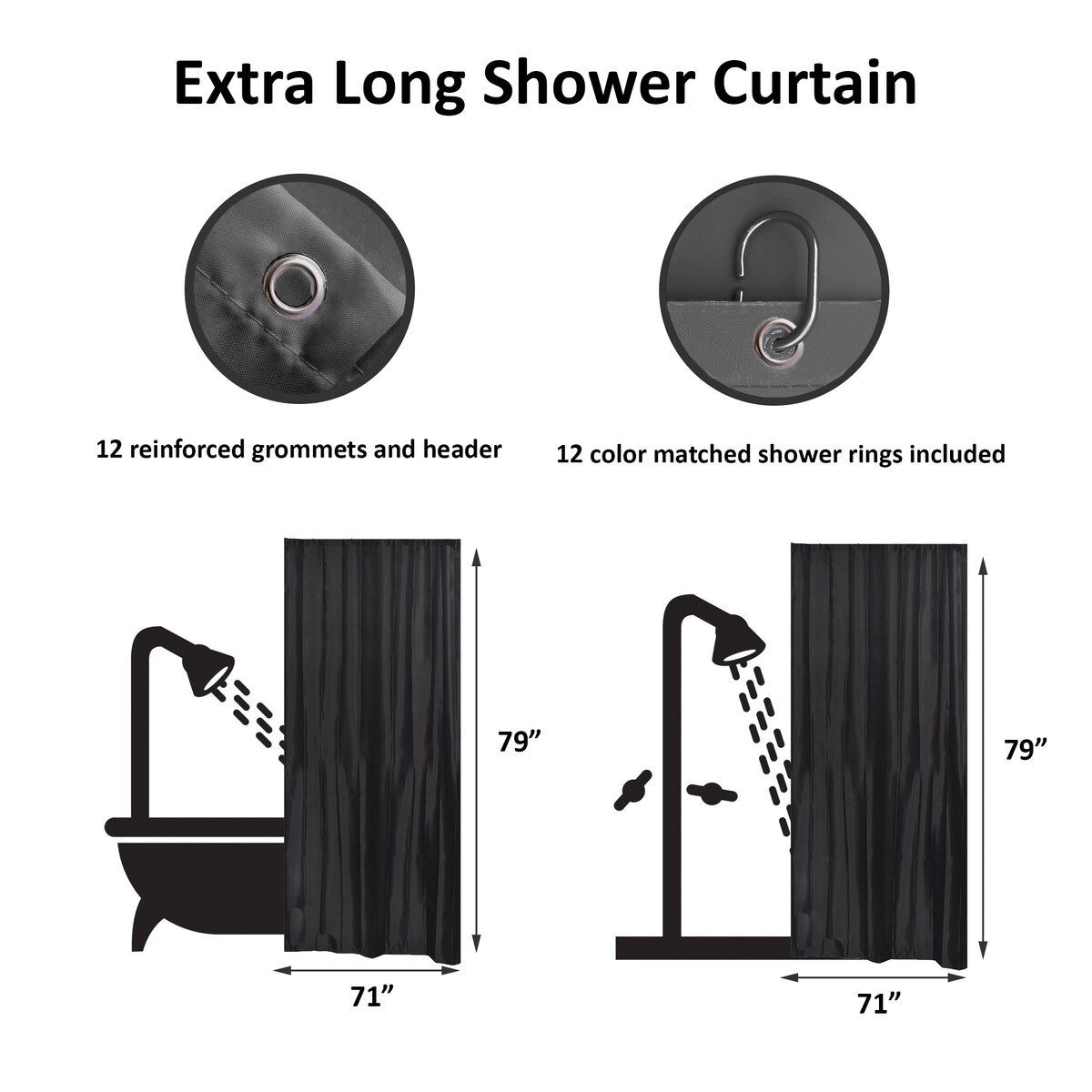 Extra Long Shower Curtain Polyester 12 Rings 79L x 71W