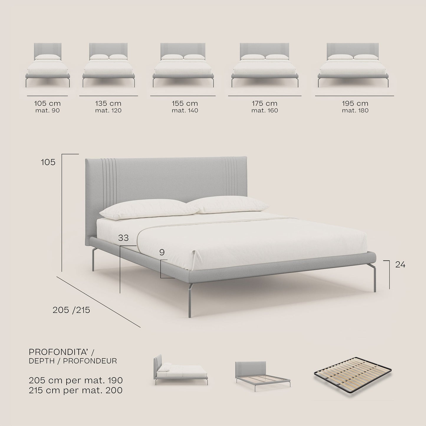 Finn letto imbottito con piedi alti in metallo in tessuto smacchiabile T05 beige 