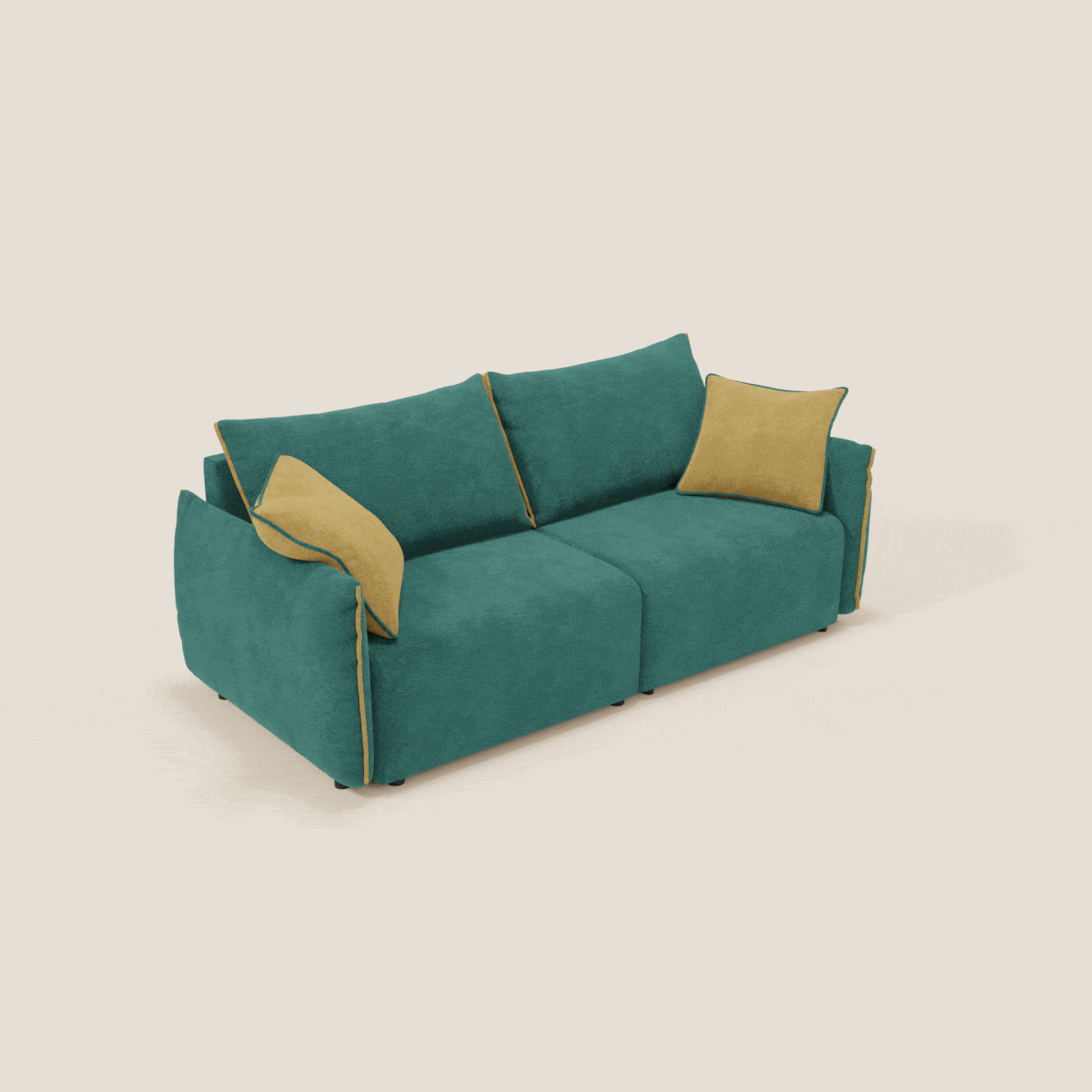 Divano Flexar con sedute allungabili e schienale in piuma in morbido bouclé impermeabile T07 verde - giallo 