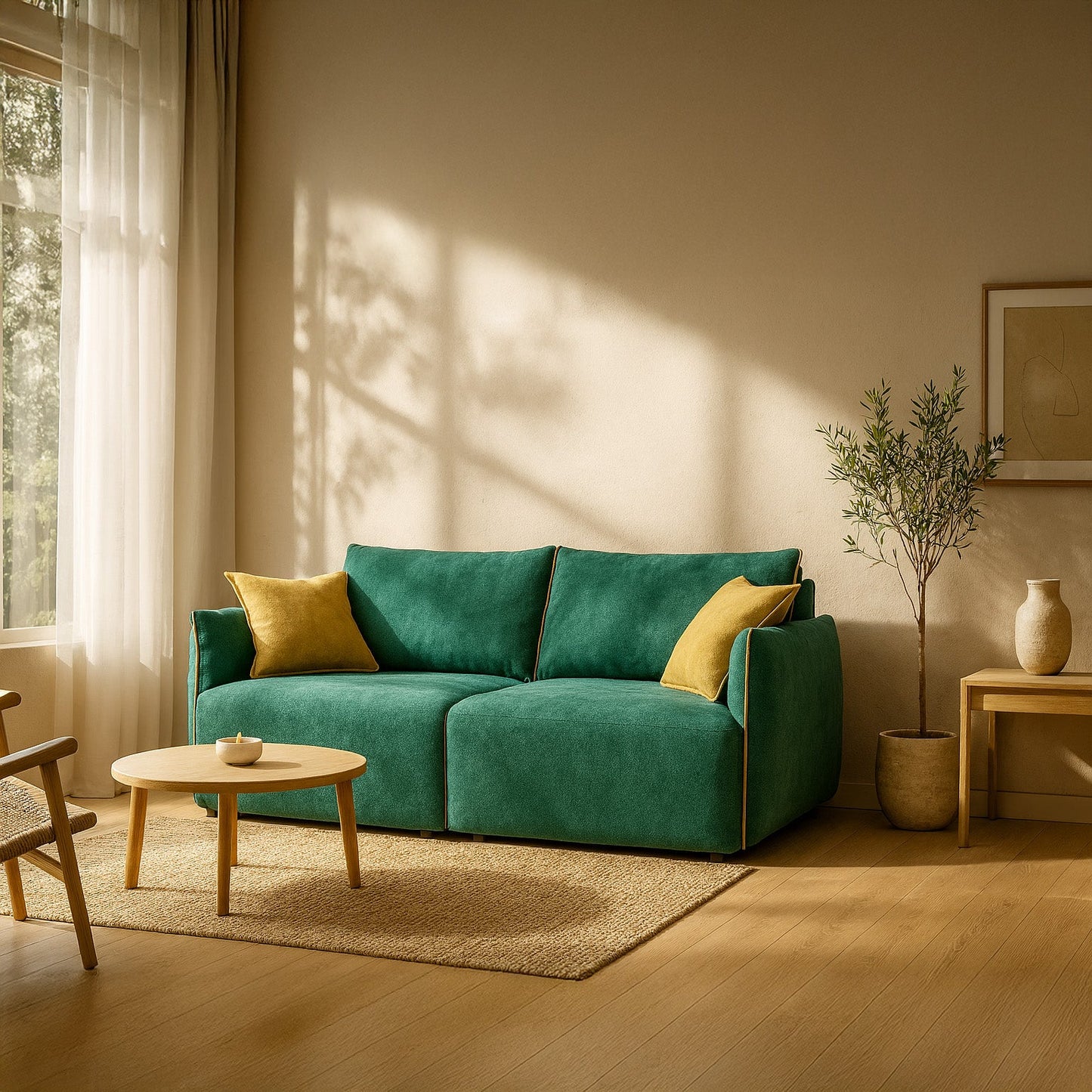 Divano Flexar con sedute allungabili e schienale in piuma in morbido bouclé impermeabile T07 verde - giallo 