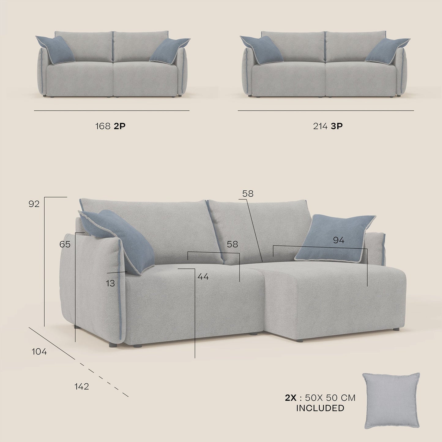 Divano Flexar con sedute allungabili e schienale in piuma in morbido bouclé impermeabile T07 grigio - blu 