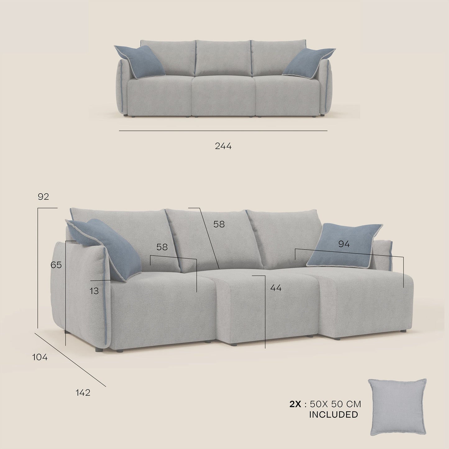 Divano Flexar con 3 sedute allungabili schienale in piuma d'oca in bouclé impermeabile T07 blu - arancio 