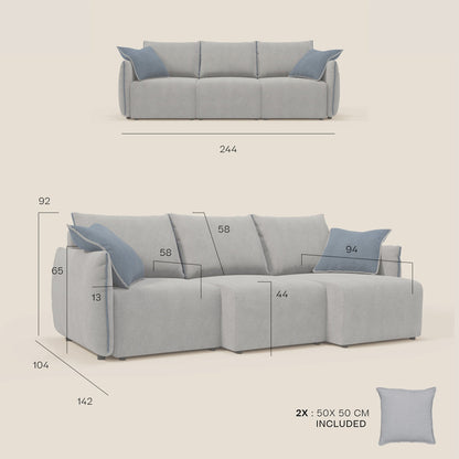 Divano Flexar con 3 sedute allungabili schienale in piuma d'oca in bouclé impermeabile T07 grigio 