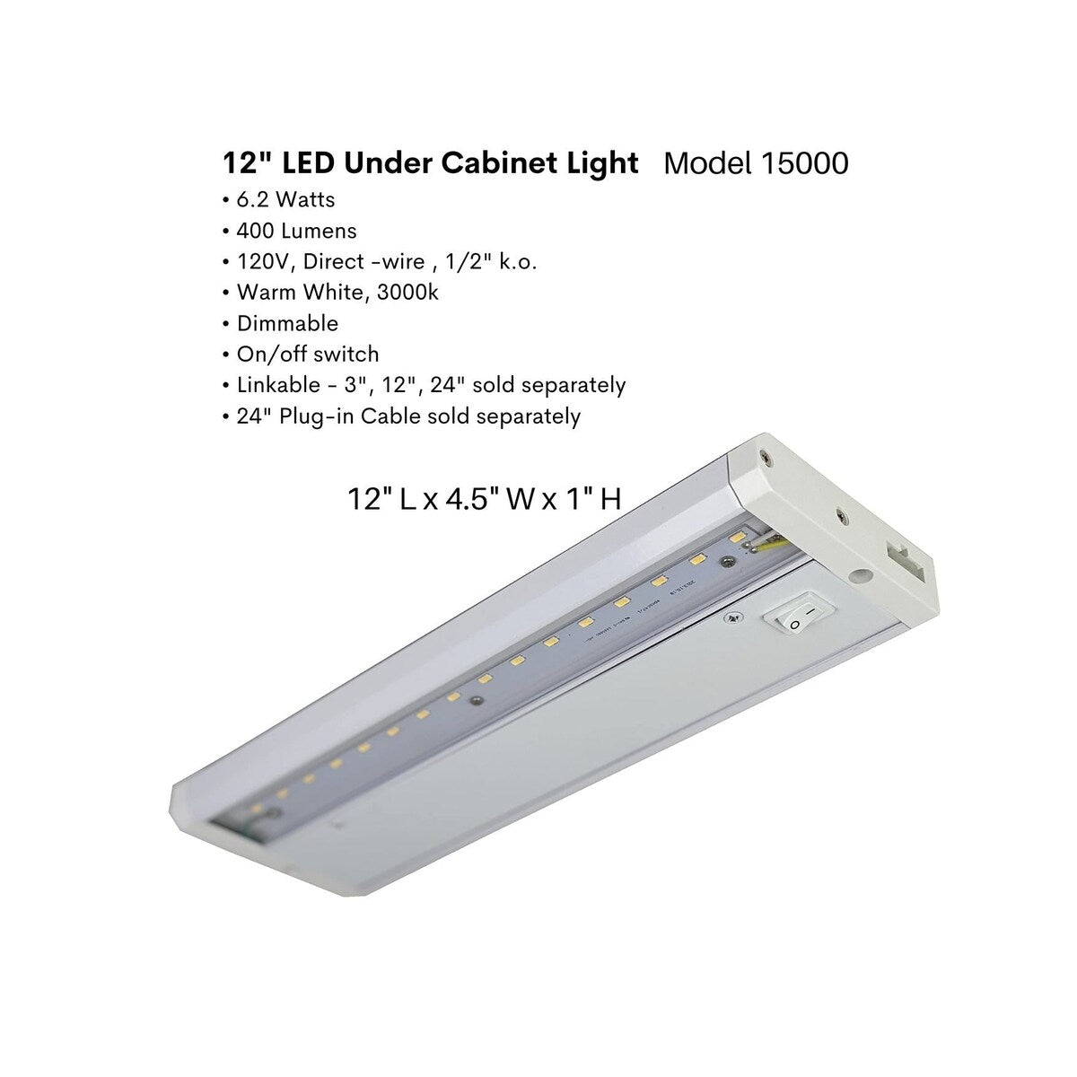 LED Under-Cabinet or Closet Lights - Dimmable, Direct Wire or Plug-in, 400-760 Lumens, 3000K Warm White,