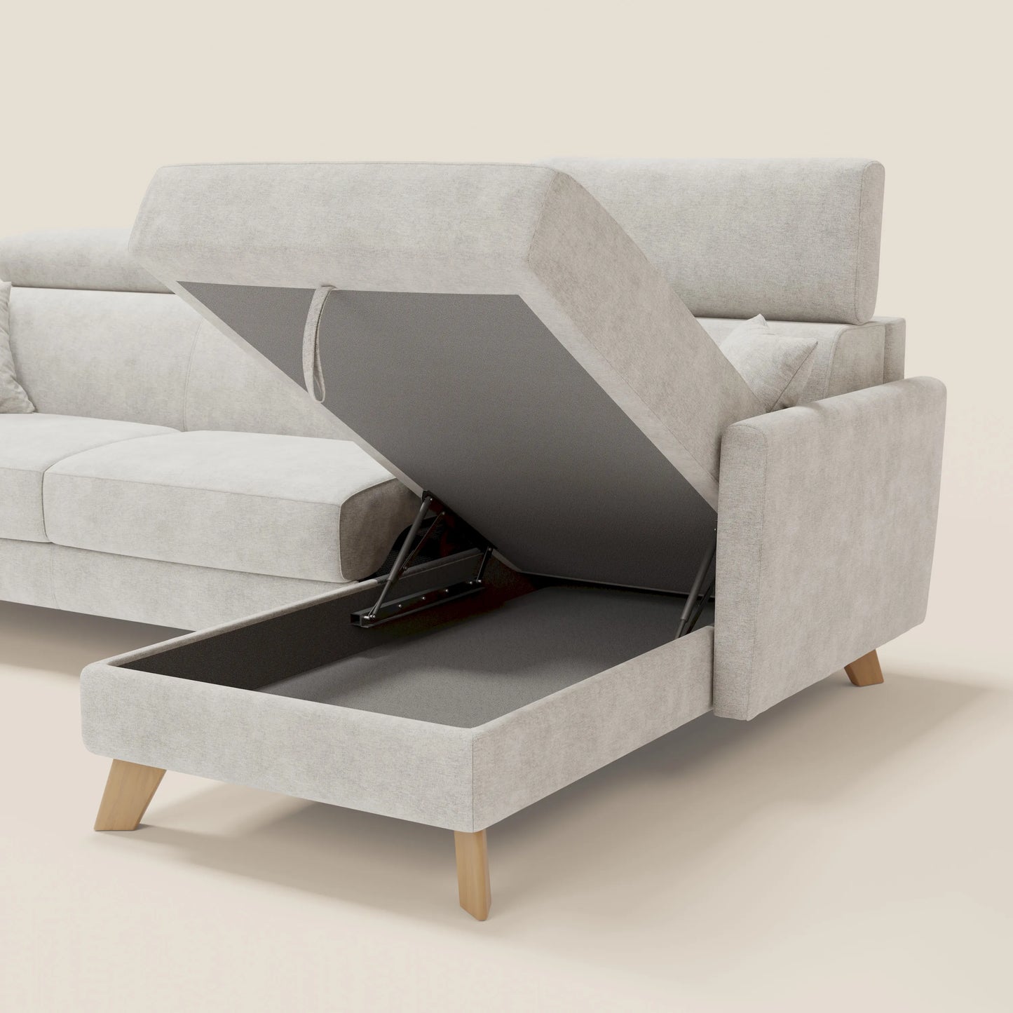 Francy divano letto angolare sfoderabile - penisola contenitore e poggiatesta reclinabili in tessuto smacchiabile T17 bianco