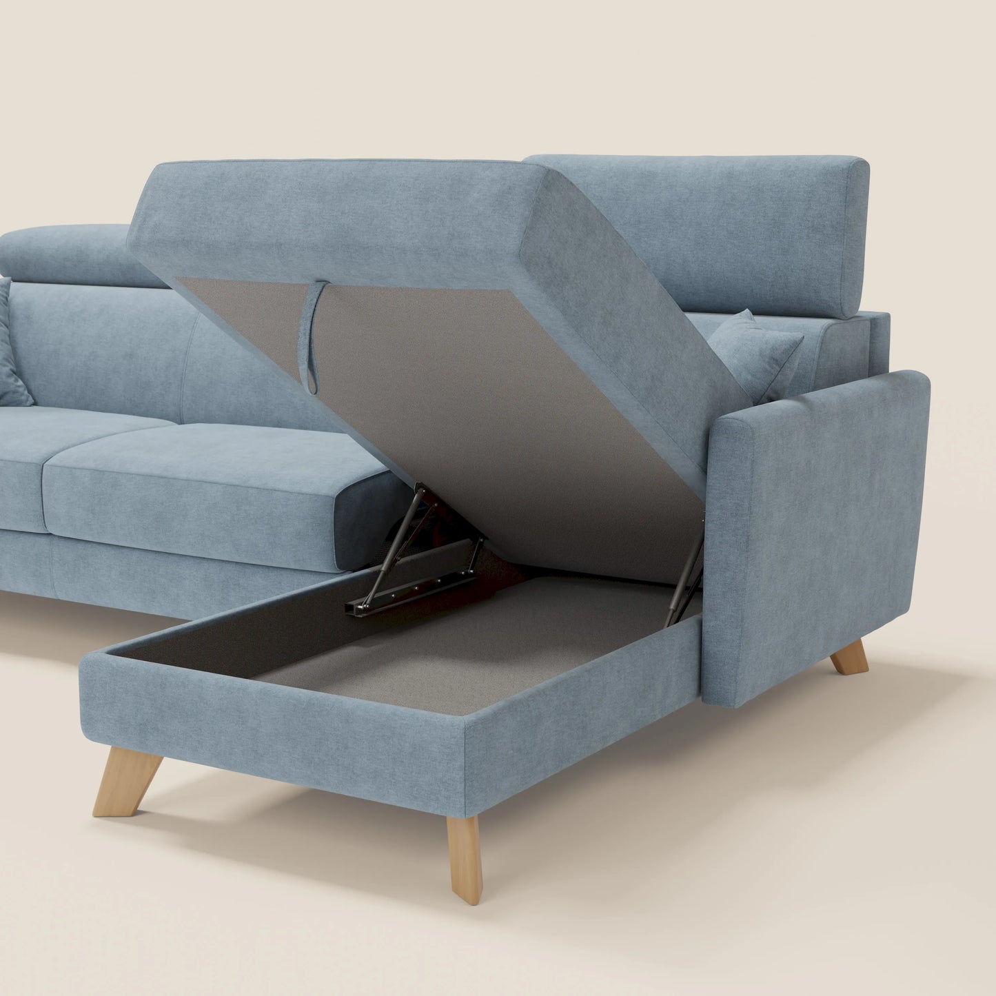 Francy divano letto angolare sfoderabile - penisola contenitore e poggiatesta reclinabili in tessuto smacchiabile T17 carta da zucchero