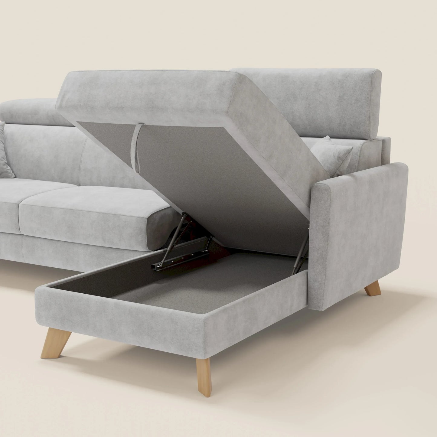 Francy divano letto angolare sfoderabile - penisola contenitore e poggiatesta reclinabili in tessuto smacchiabile T17 grigio