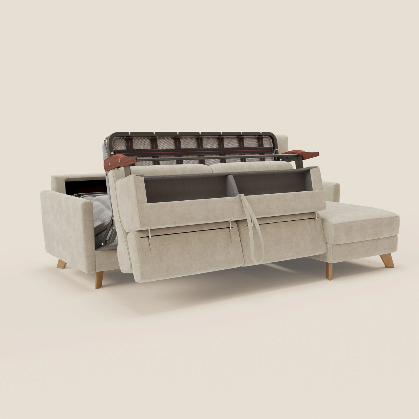 Francy divano letto angolare sfoderabile - penisola contenitore e poggiatesta reclinabili in tessuto smacchiabile T17 panna