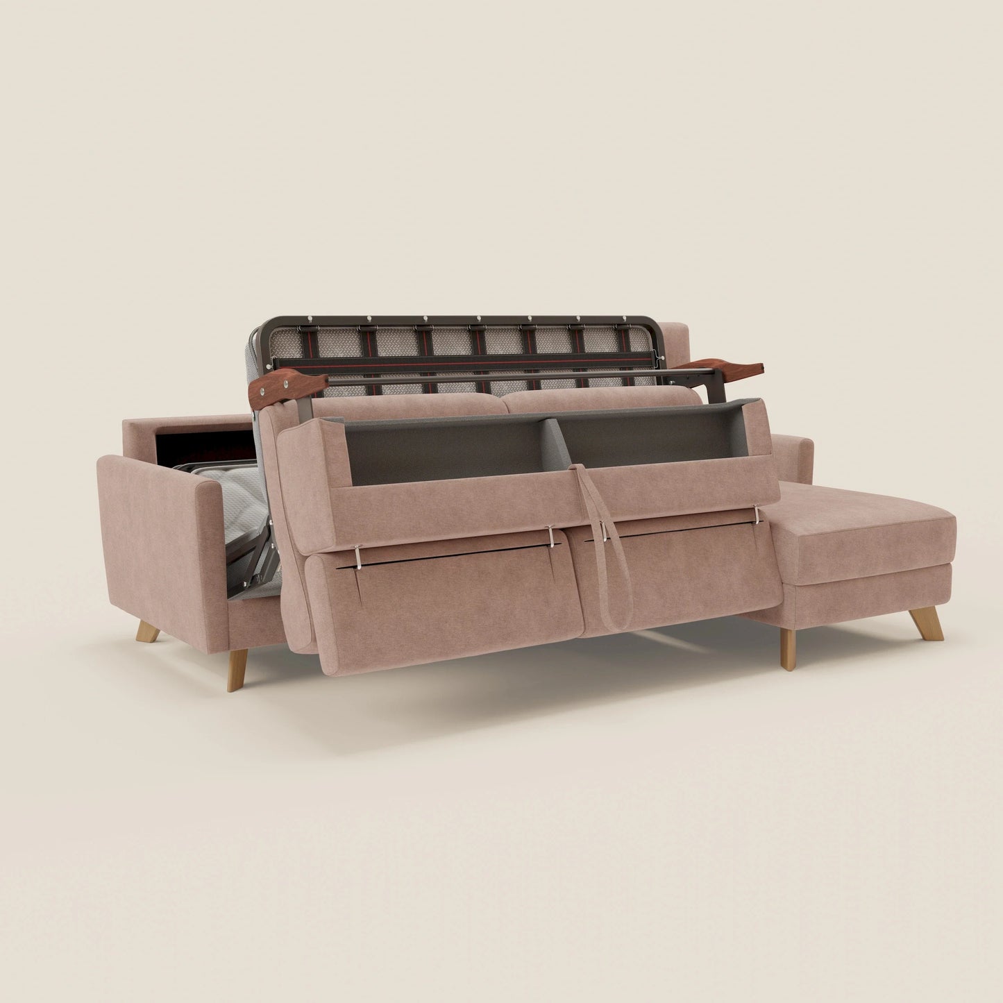 Francy divano letto angolare sfoderabile - penisola contenitore e poggiatesta reclinabili in tessuto smacchiabile T17 rosa