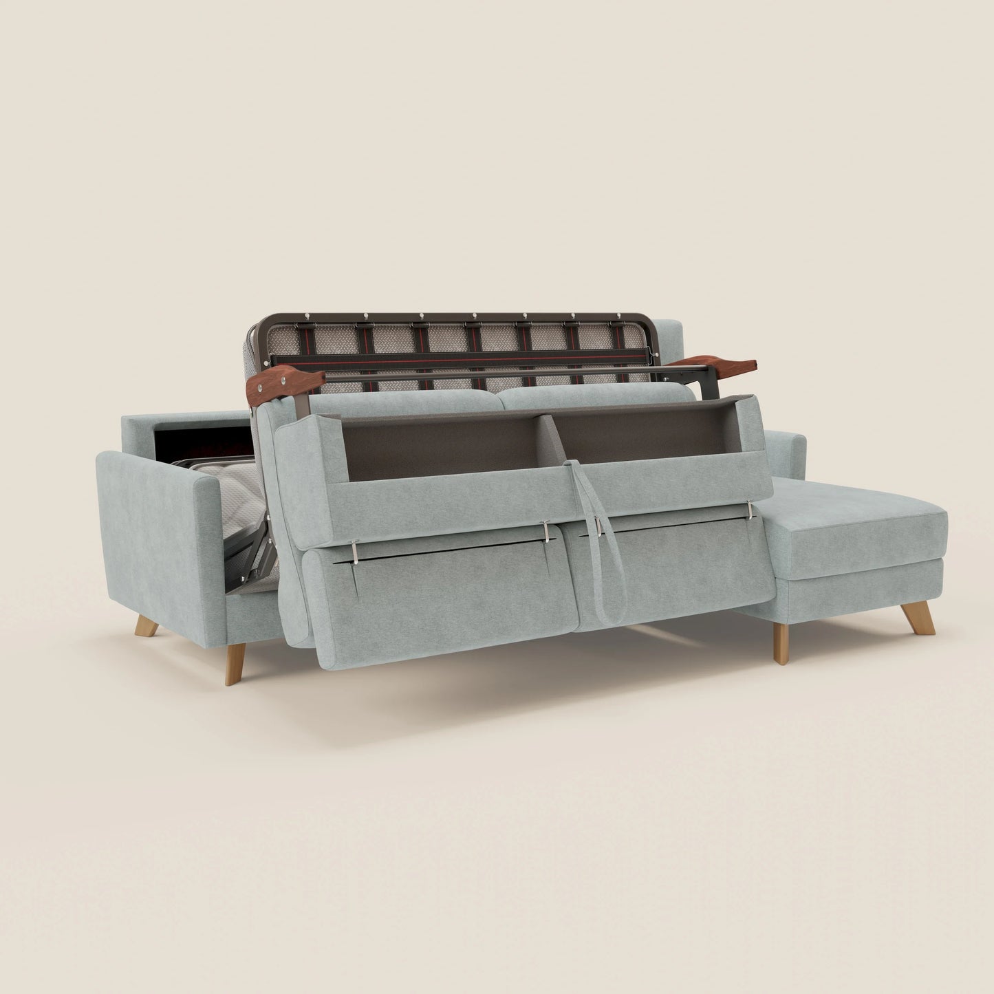 Francy divano letto angolare sfoderabile - penisola contenitore e poggiatesta reclinabili in tessuto smacchiabile T17 verde acqua