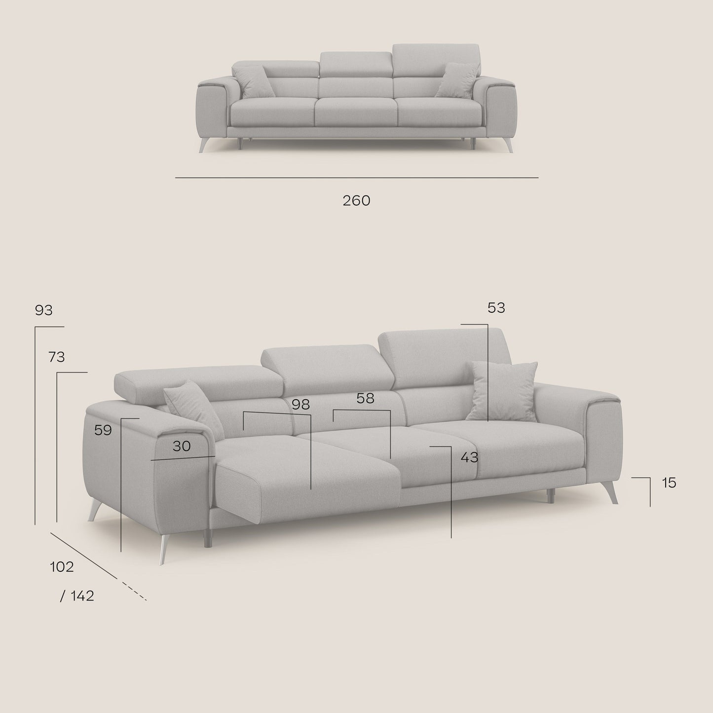 Divano Fusion con 3 sedute allungabili in tessuto smacchiabile T05 marrone