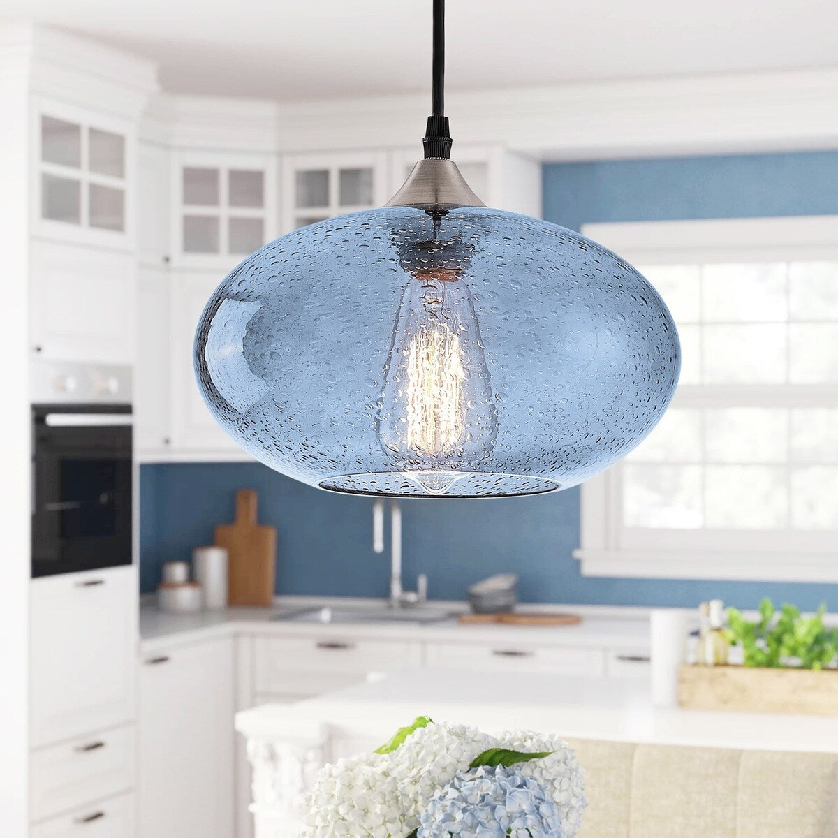 Farmhouse 1-Light Blue Bubble Glass Design Brushed Nickel Pendant