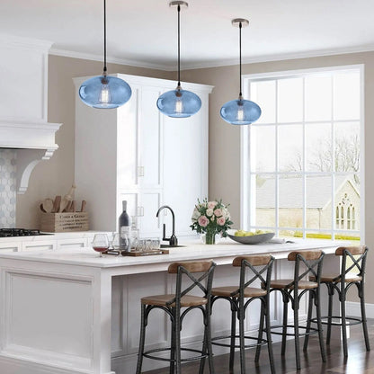 Farmhouse 1-Light Blue Bubble Glass Design Brushed Nickel Pendant