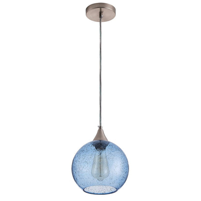 Farmhouse 1-Light Brushed Nickel Pendant Lamp with Blue Seeded Glass Shade
