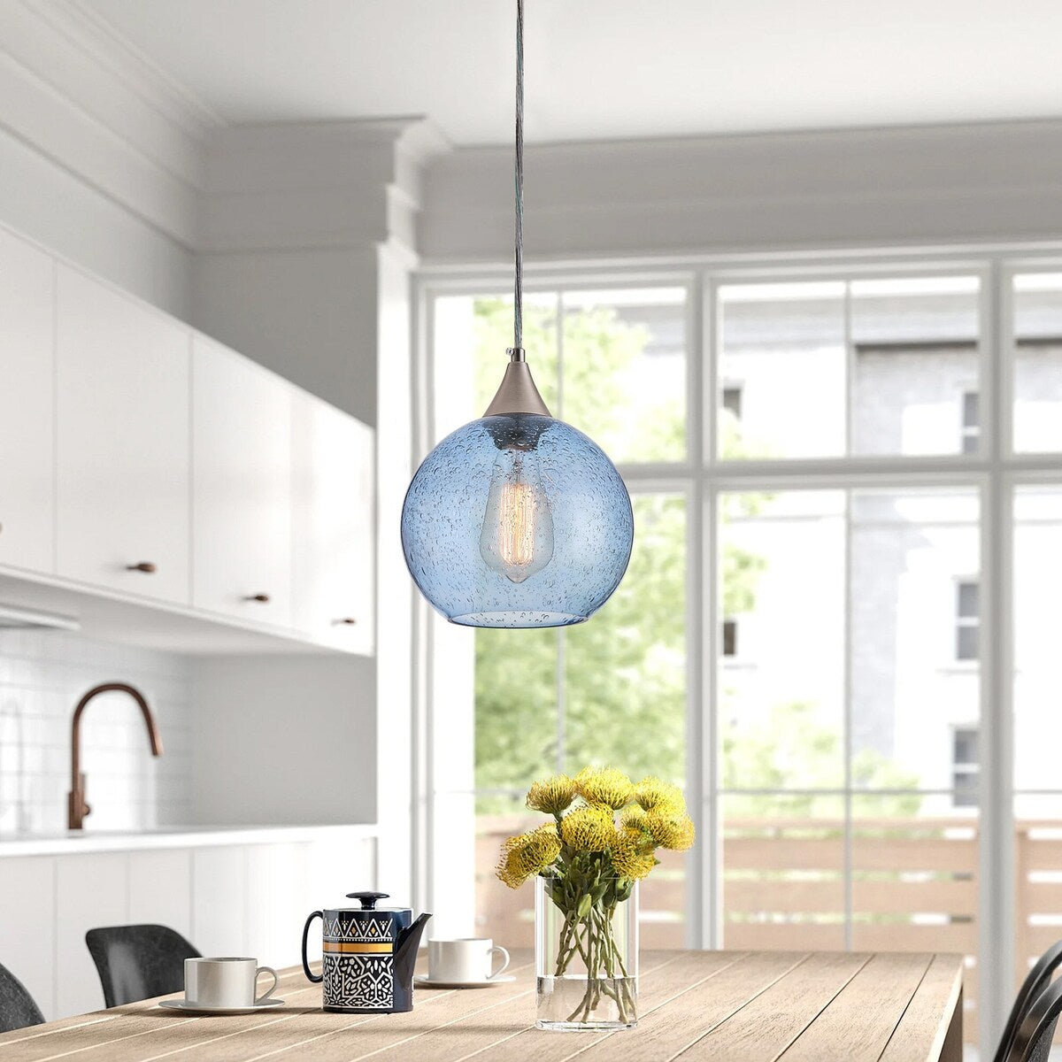 Farmhouse 1-Light Brushed Nickel Pendant Lamp with Blue Seeded Glass Shade