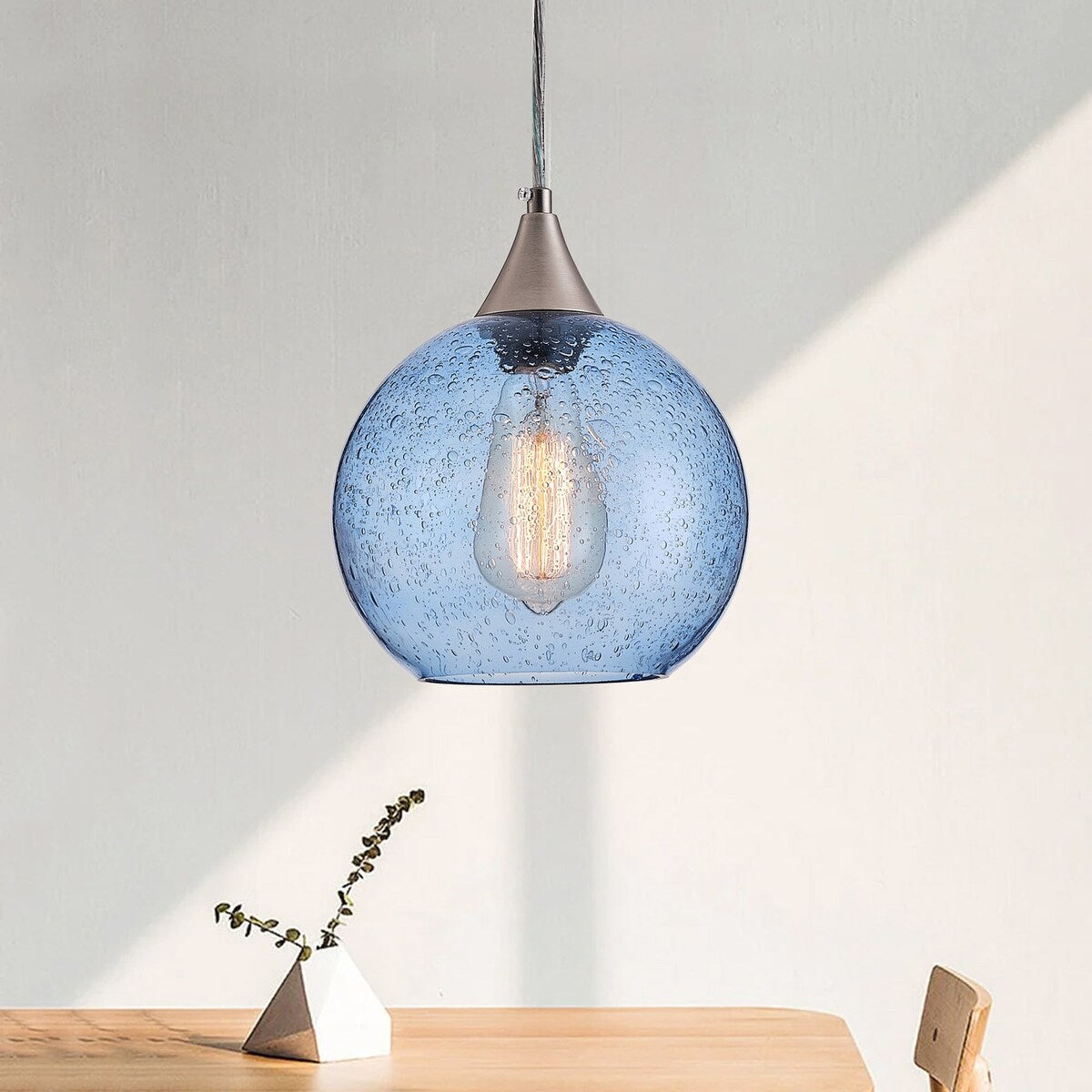 Farmhouse 1-Light Brushed Nickel Pendant Lamp with Blue Seeded Glass Shade