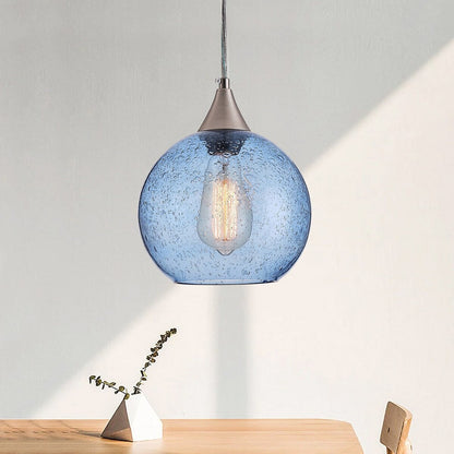Farmhouse 1-Light Brushed Nickel Pendant Lamp with Blue Seeded Glass Shade