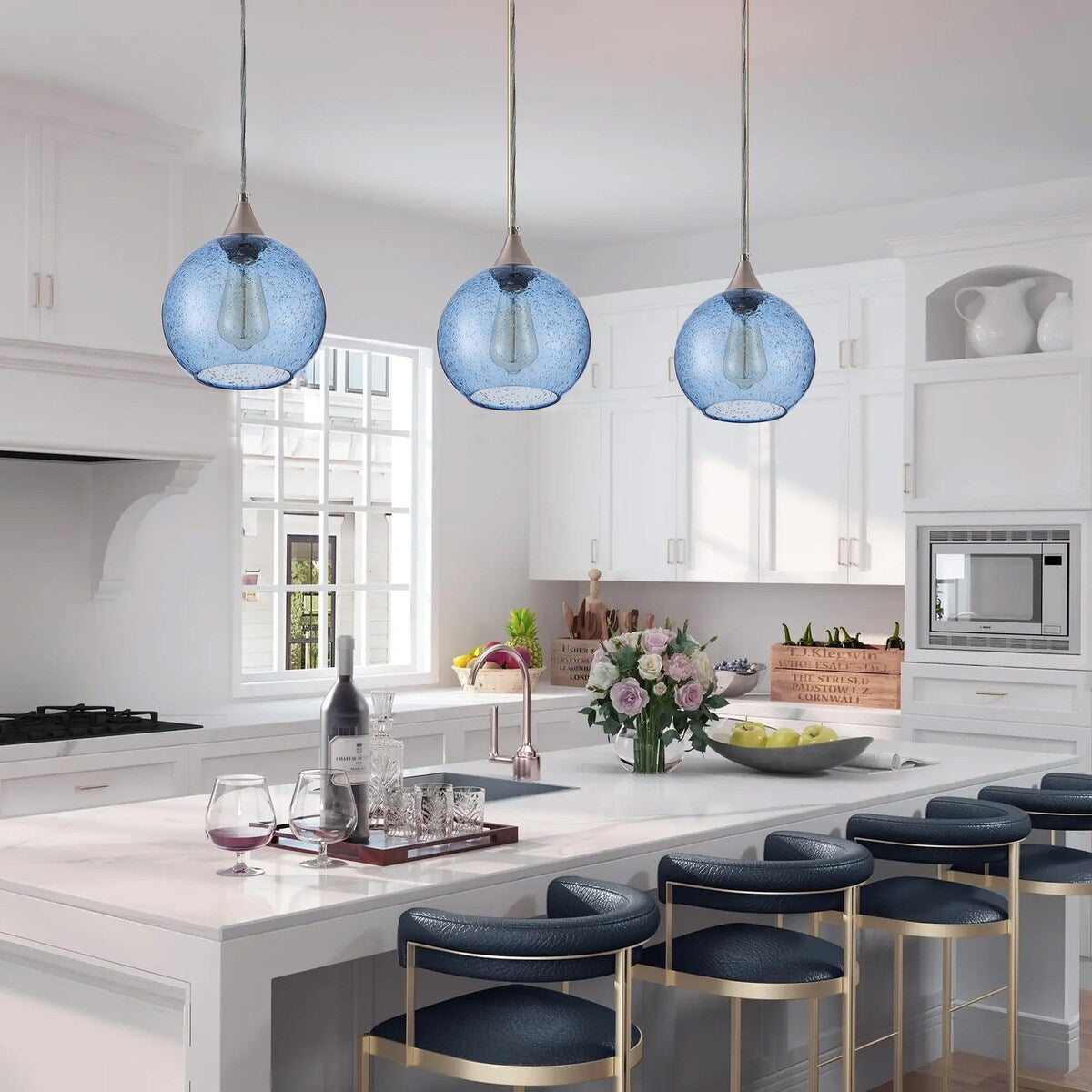 Farmhouse 1-Light Brushed Nickel Pendant Lamp with Blue Seeded Glass Shade