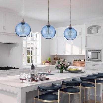 Farmhouse 1-Light Brushed Nickel Pendant Lamp with Blue Seeded Glass Shade