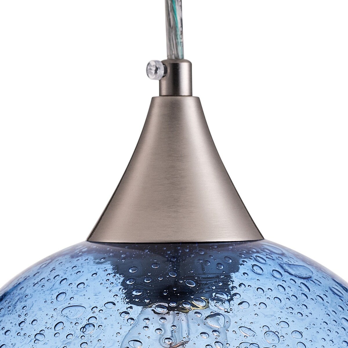 Farmhouse 1-Light Brushed Nickel Pendant Lamp with Blue Seeded Glass Shade