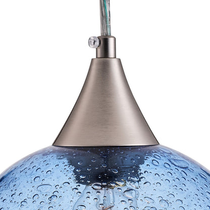 Farmhouse 1-Light Brushed Nickel Pendant Lamp with Blue Seeded Glass Shade